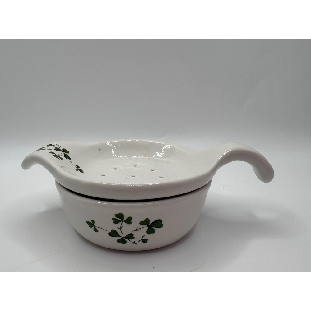 Erin China Carrigaline Ireland Shamrock Tea Strainer and Drip Bowl Set White